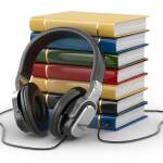 Audiobook concept. Headphones and books on white isolated backgr